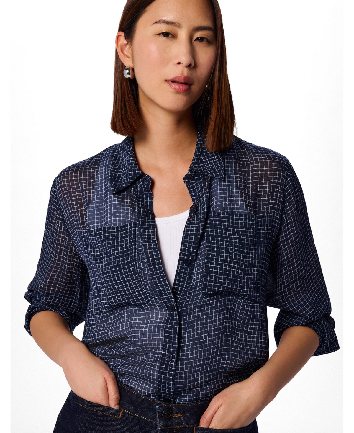 Whistles Women's Grid Print Sheer Shirt