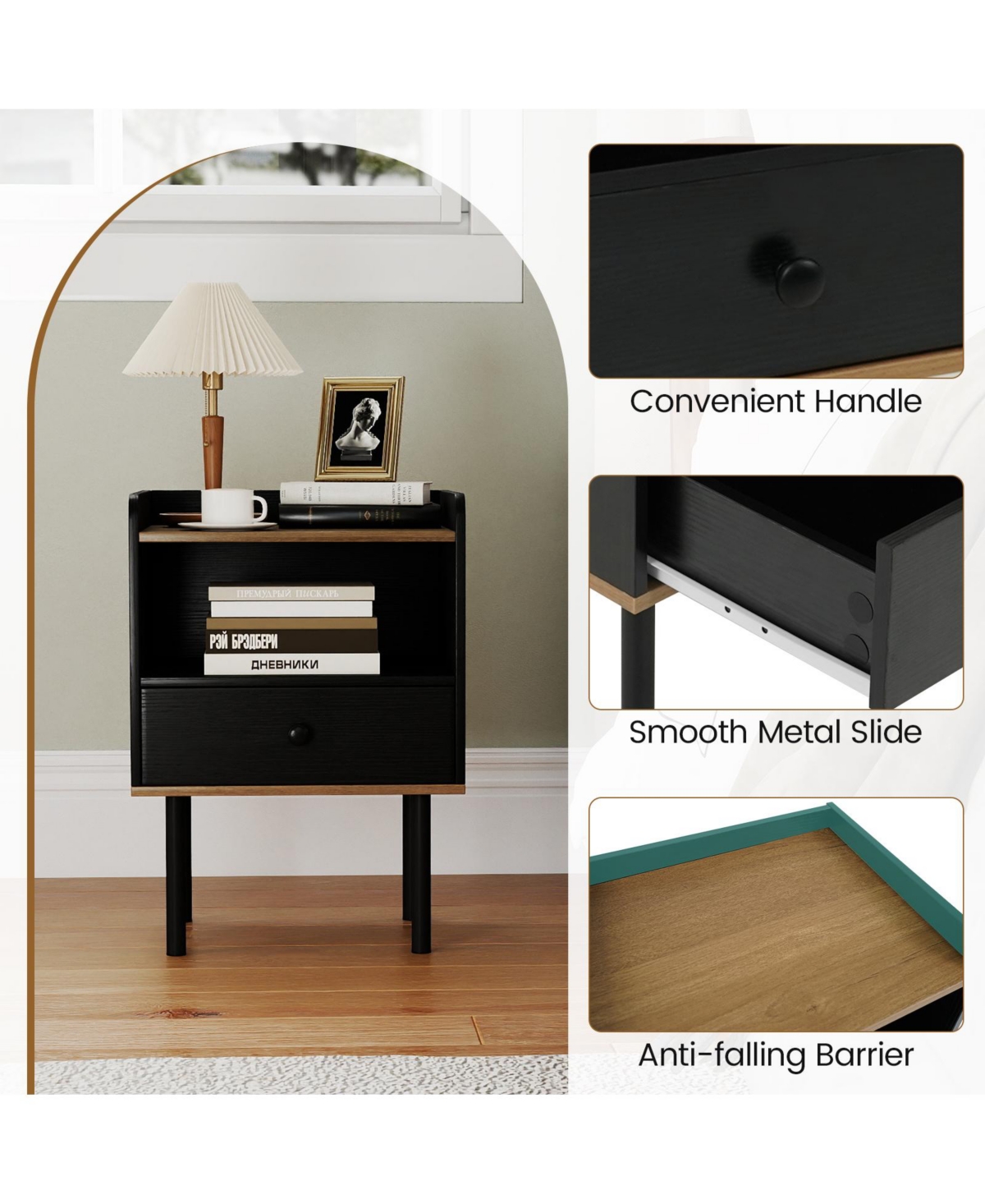 Slickblue 3-Tier Storage Nightstand with Drawer, Modern Side Table for Bedroom or Living Room