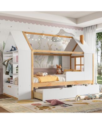 House Platform Bed with Drawers and Shelves