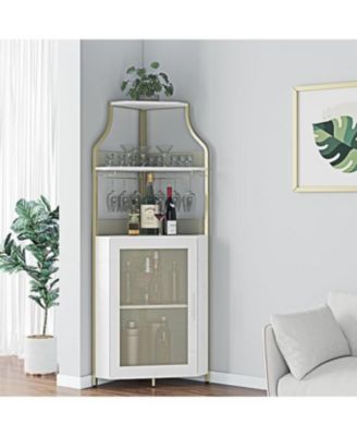 Corner Bar Cabinet, Wine Bar Cabinet with Adjustable Shelf and Glass Holder, 5-Tiers Storage Space Corner Liquor Cabinet