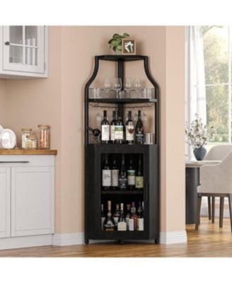 Corner Bar Cabinet, Wine Bar Cabinet with Adjustable Shelf and Glass Holder, 5-Tiers Storage Space Corner Liquor Cabinet