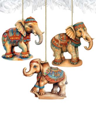 Carousel Elephants Christmas Wooden Ornaments Set of 3 G. DeBrekht