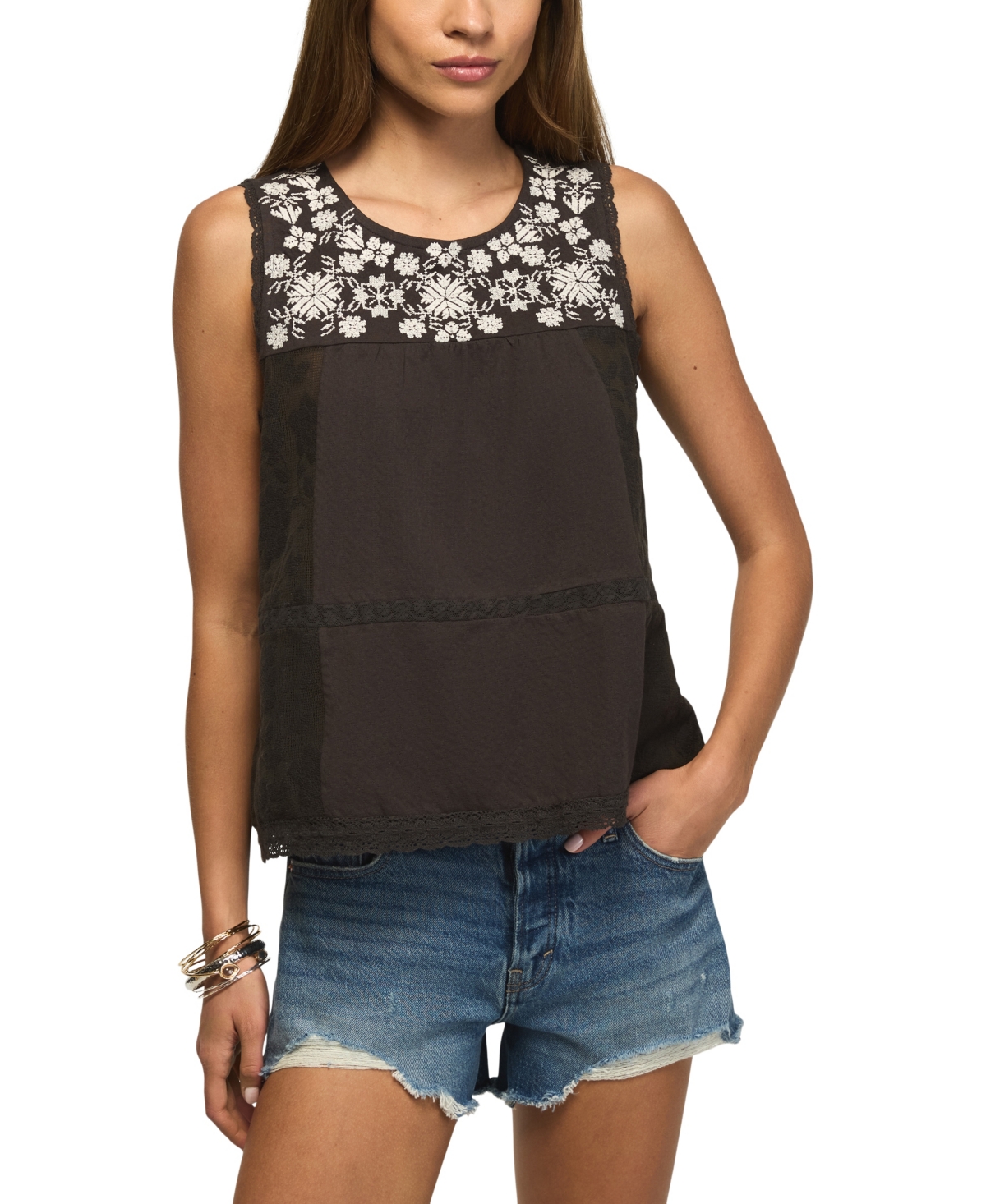 Lucky Brand Women's Crewneck Embroidered Yoke Tank Top