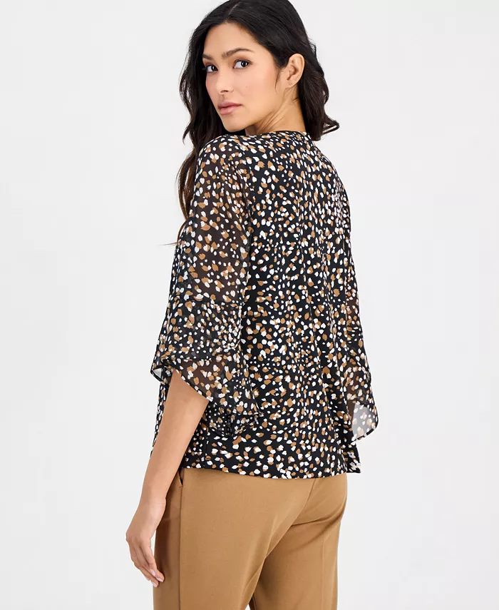 Petite Printed 3/4-Bell-Sleeve Split-Neck Top - thumbnail 7