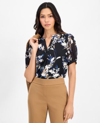 Petite Floral Split-Neck 3/4-Sleeve Blouse