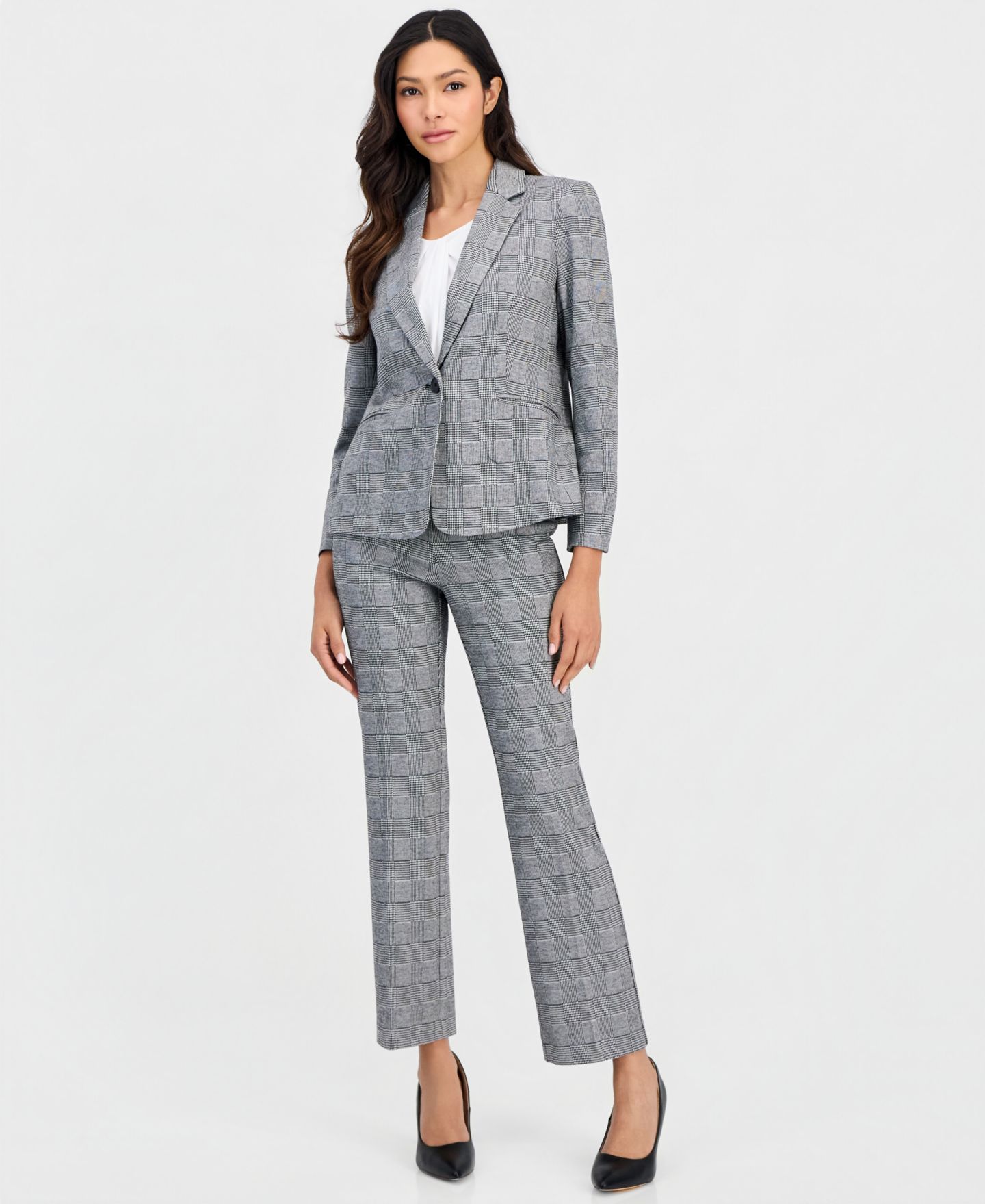 Женский пиджак Anne Klein Essentials Petite Plaid One-Button Blazer, цвет: Чёрный / Белый — фото 4