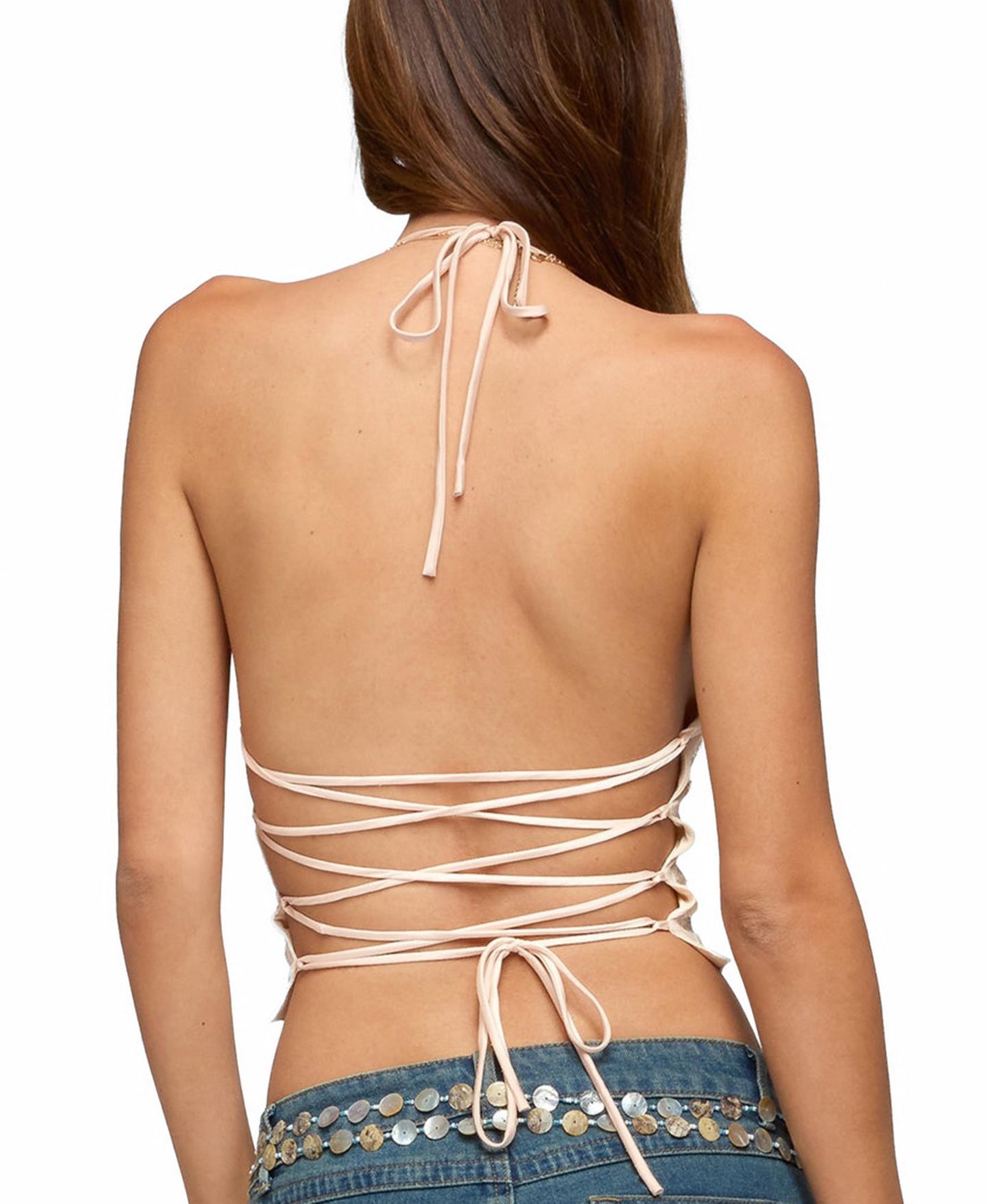 Женский топ Edikted Catia Backless Sequin Mesh Halter, цвет: Телесный — фото 2