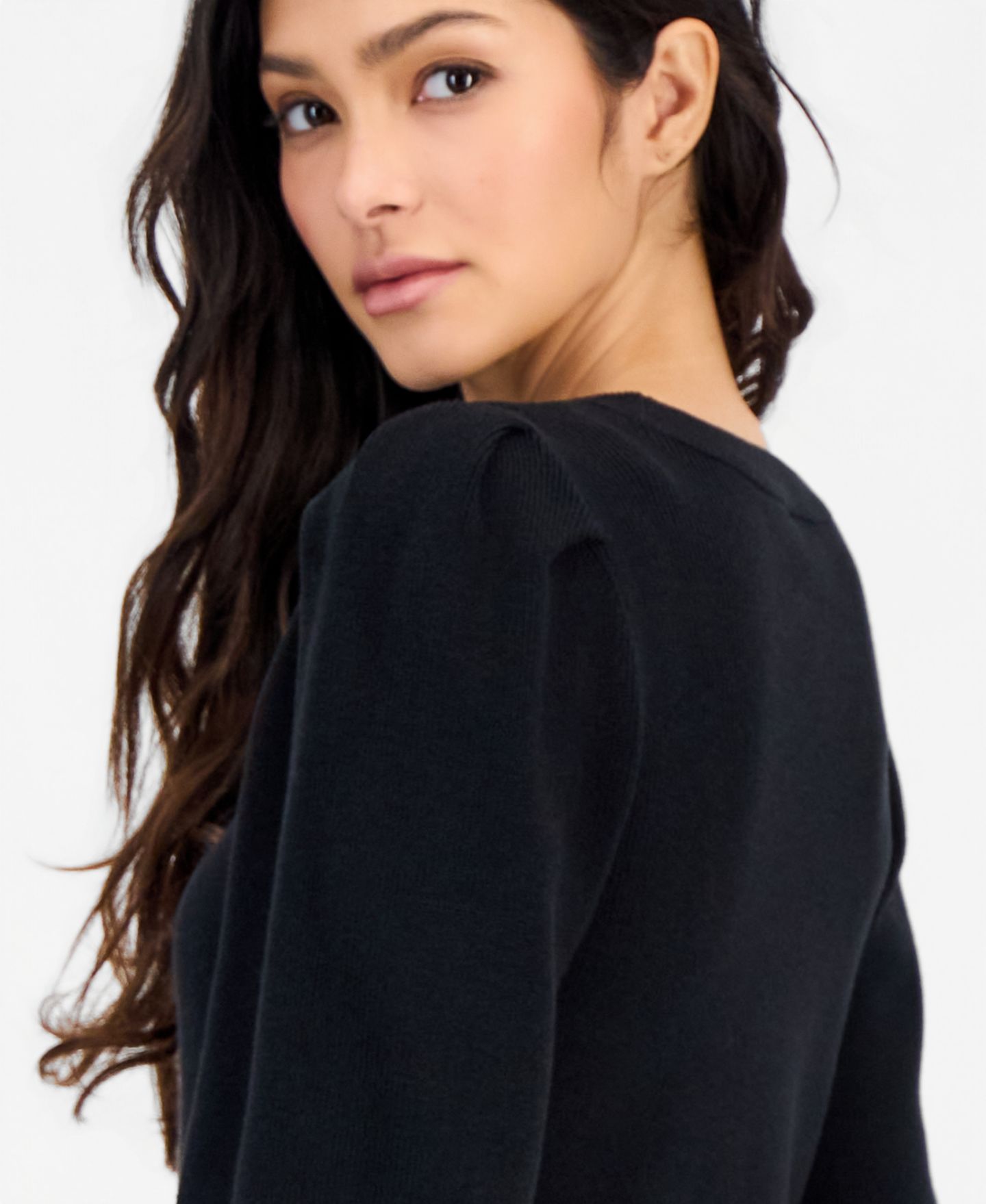 Женский свитер Anne Klein Essentials Petite Puff-Sleeve Crewneck, цвет: Чёрный — фото 4