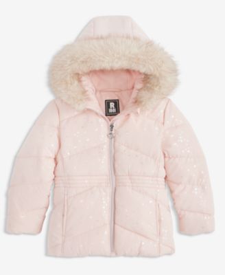 Girls' 2T-6X Foil Quilted Puffer Jacket With Faux-Fur-Trim Hood