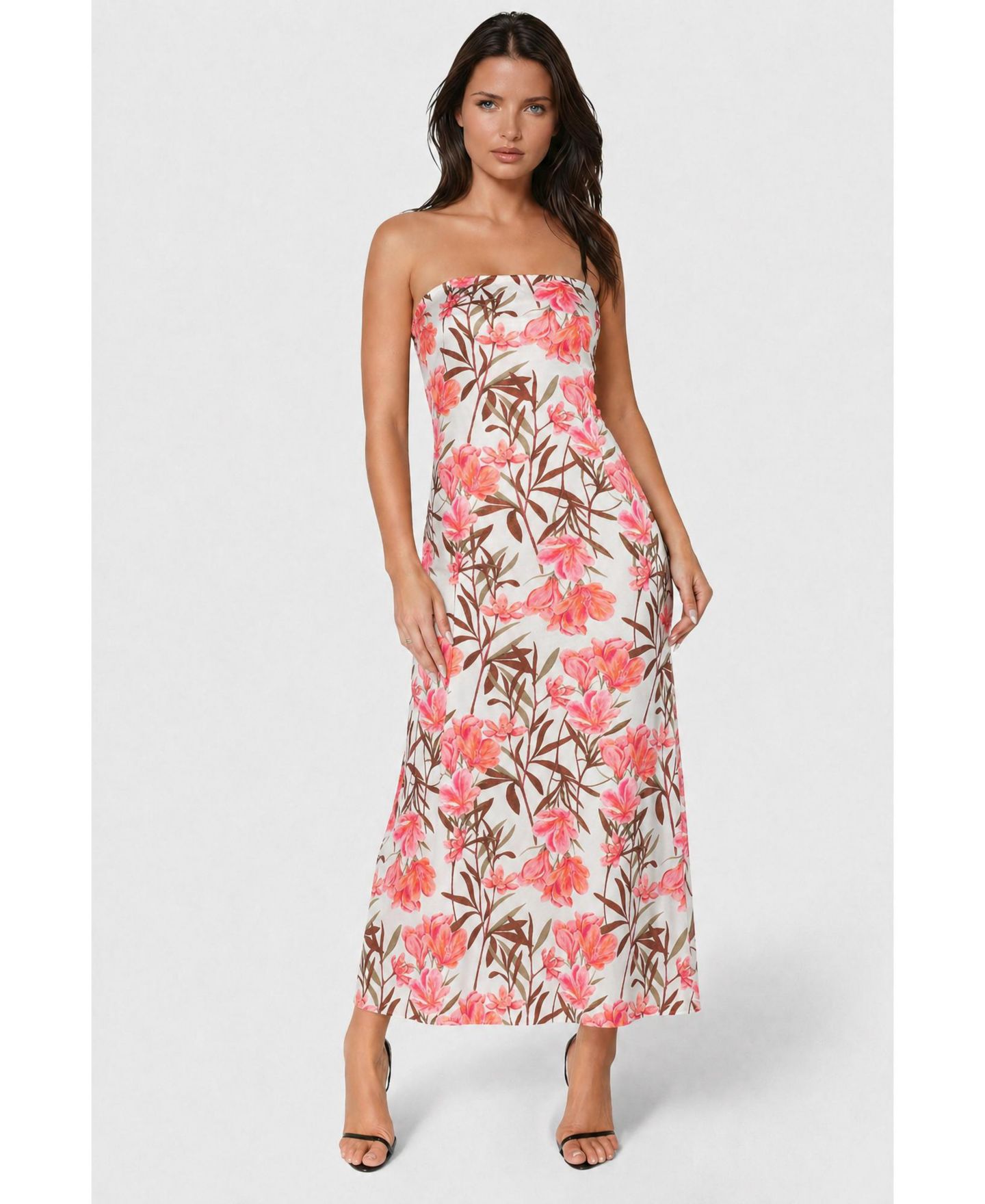Женское платье Bebe Printed Satin Strapless Maxi, цвет: Розовый с принтом — фото 1