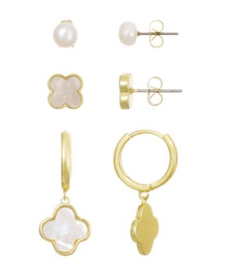 Gold Natural Freshwater Pearl and Clover Earrings 3-Piece Set