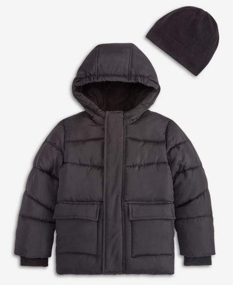 Куртка S Rothschild & CO Solid Quilted Puffer Coat and Fleece Hat (while supplies last) для мальчиков, цвет: Чёрный