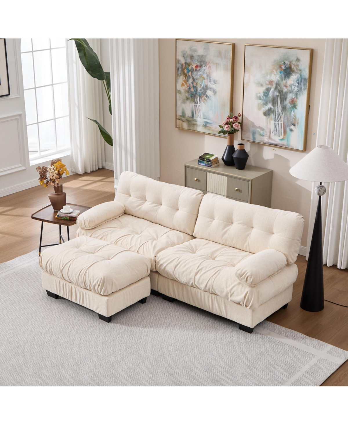 Clihome Modular Sectional Sofa Cloud Couch, Deep Seat L Shaped Couch with Ottoman,Comfy advanced flannelette Loveseat 4 Pillows