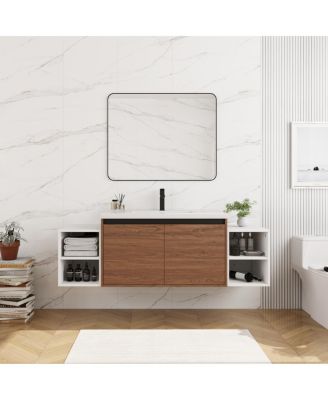Wall Mounted Bathroom Vanity with Resin Sink and Open Storage Shelves for Small Modern Bathroom