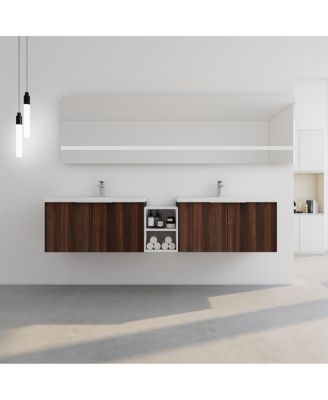 Wall Mounted Double Bathroom Vanity with Resin Sinks, Plywood Cabinets and Open Storage for Modern Bathrooms