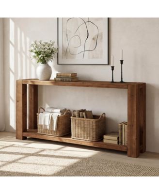 2-Tier Solid Wood Console Table, 63-Inch Narrow Long Wooden Entryway Table with Open Storage Shelf