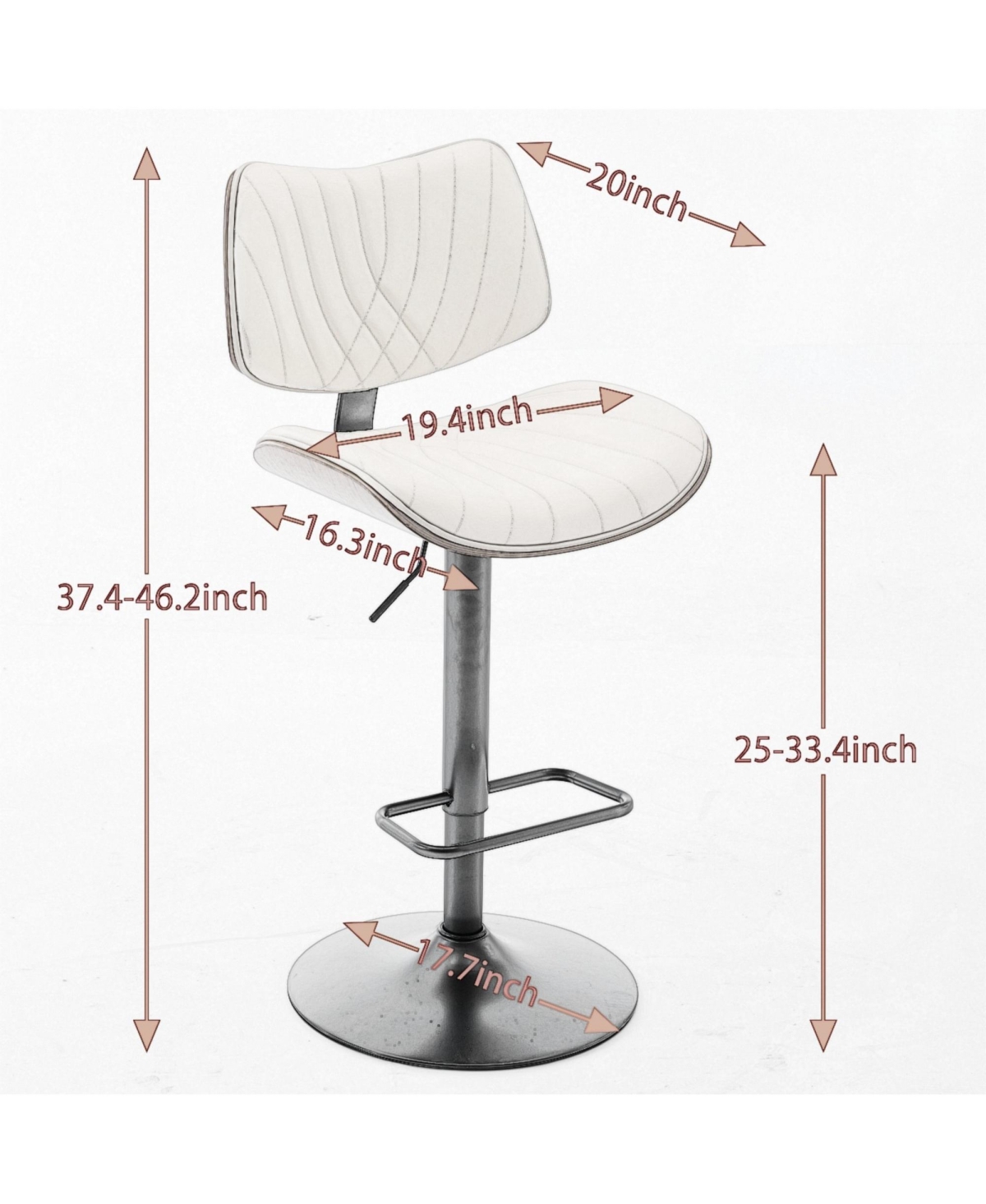 Rainsken Bar Stools Set of 2, Adjustable Swivel Counter Height Chairs with Leather Upholstered and Footrest for Kitchen Island