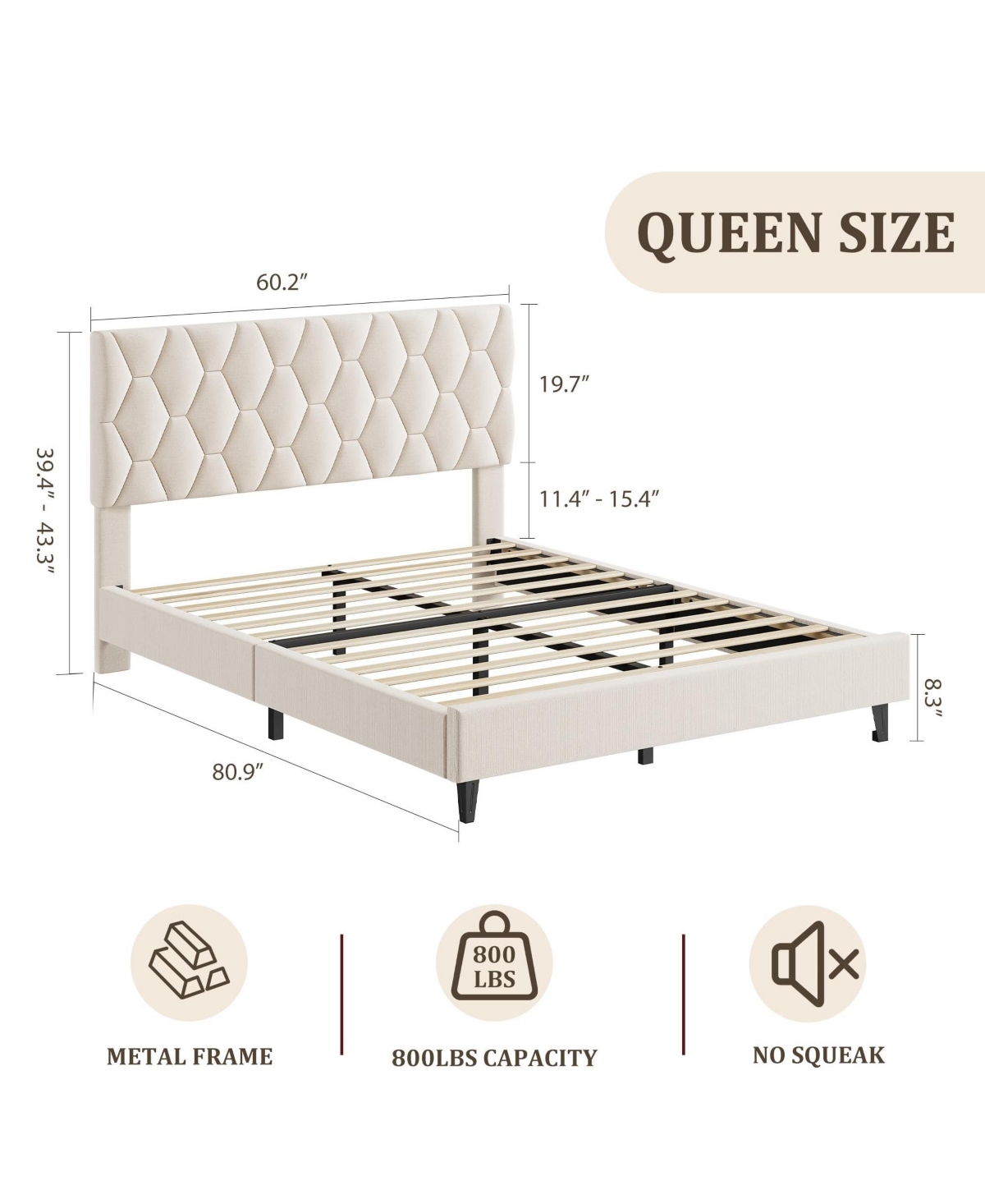 homfan Bed Frame with Upholstered Headboard, Heavy-Duty Platform Strong Wood Slats, No Box Spring Needed, Noise Free, Easy Assembly