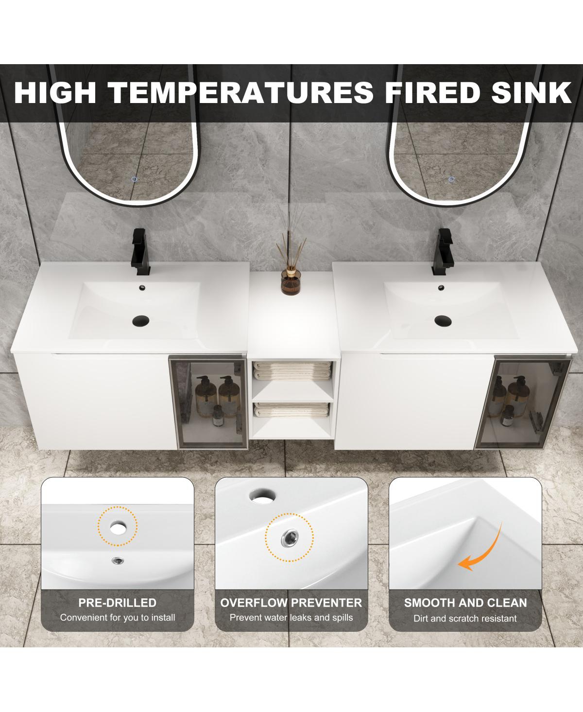 Sillysis Double Sink Wall Mounted Bathroom Vanity with Ceramic Basin, Modern Floating Plywood Cabinet