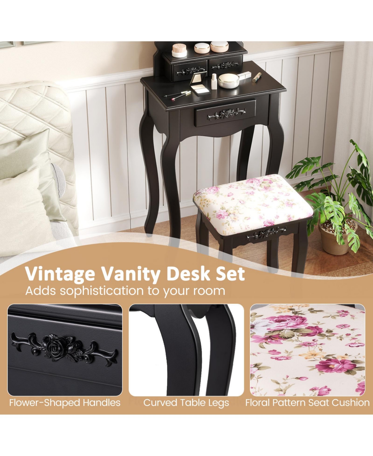 Volenca 3-Drawer Makeup Vanity Set with Fan-Shape Mirror, Cushioned Stool, Black