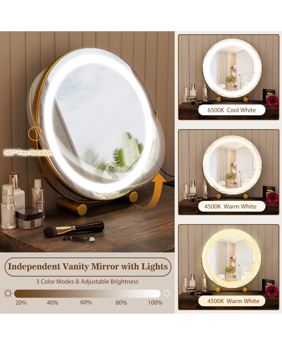 Volenca Vanity Desk with Lighted Adjustable Mirror, Usb-c, and Stool, 30-in Tabletop