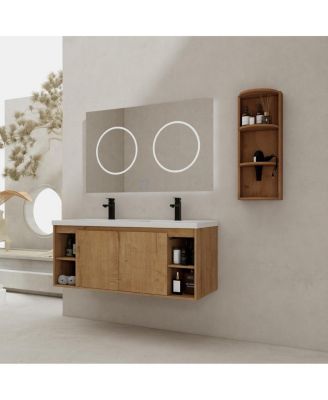 47.6 Inch Wall Mounted Double Sink Bathroom Vanity with Storage Rack, Open Shelves and Soft Close Doors, Modern Plywood Cabinet