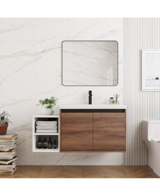 Wall Mounted Bathroom Vanity with Resin Sink and Open Storage Shelves for Modern Small Bathrooms