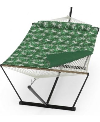 Double Hammock with Stand - 2-Person Cotton Rope Hammock with Polyester Quilted Pad and Pillow, 475 Lbs Capacity Portable Hammock for Garden