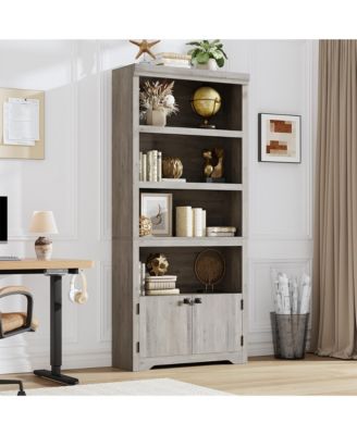 5-Tier Modern Storage Cabinet with Doors and Adjustable Shelves, Anti-Slip Tall Bookcase for Home Office, Living Room, Study, Library