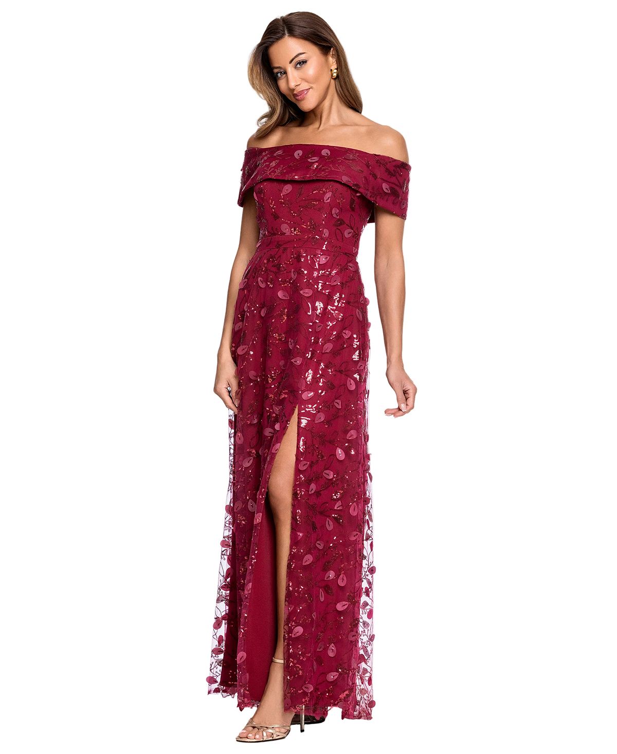 XSCAPE Petite 3D Embellished Mesh Off-The-Shoulder Ball Gown view 2 — MAYCSS fashion products