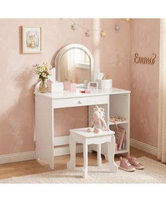 Elegant Vanity Desk with Mirror and Lights, Princess Makeup Table with Stool, Drawer and Open Storage Shelves, Wooden Dressing Table