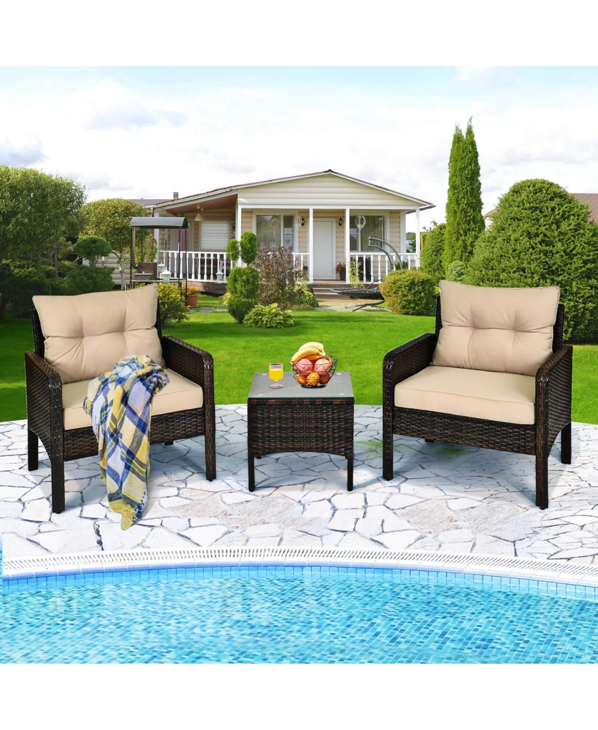 Costway 3 Pieces Patio Pe Wicker Furniture Set with Cushions and Tempered Glass Coffee Table