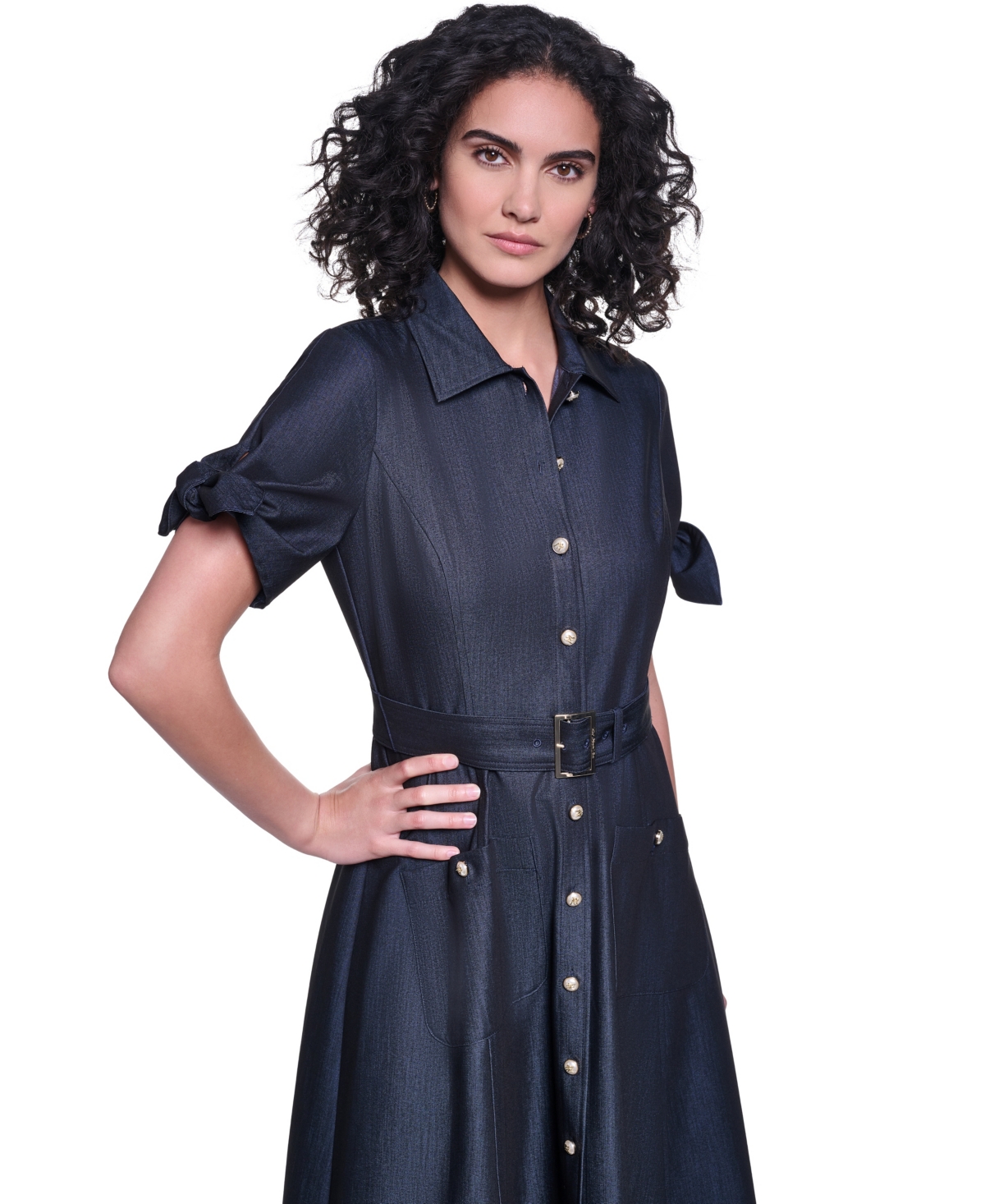 Karl Lagerfeld Paris Women's Denim Belted Midi Shirt Dress