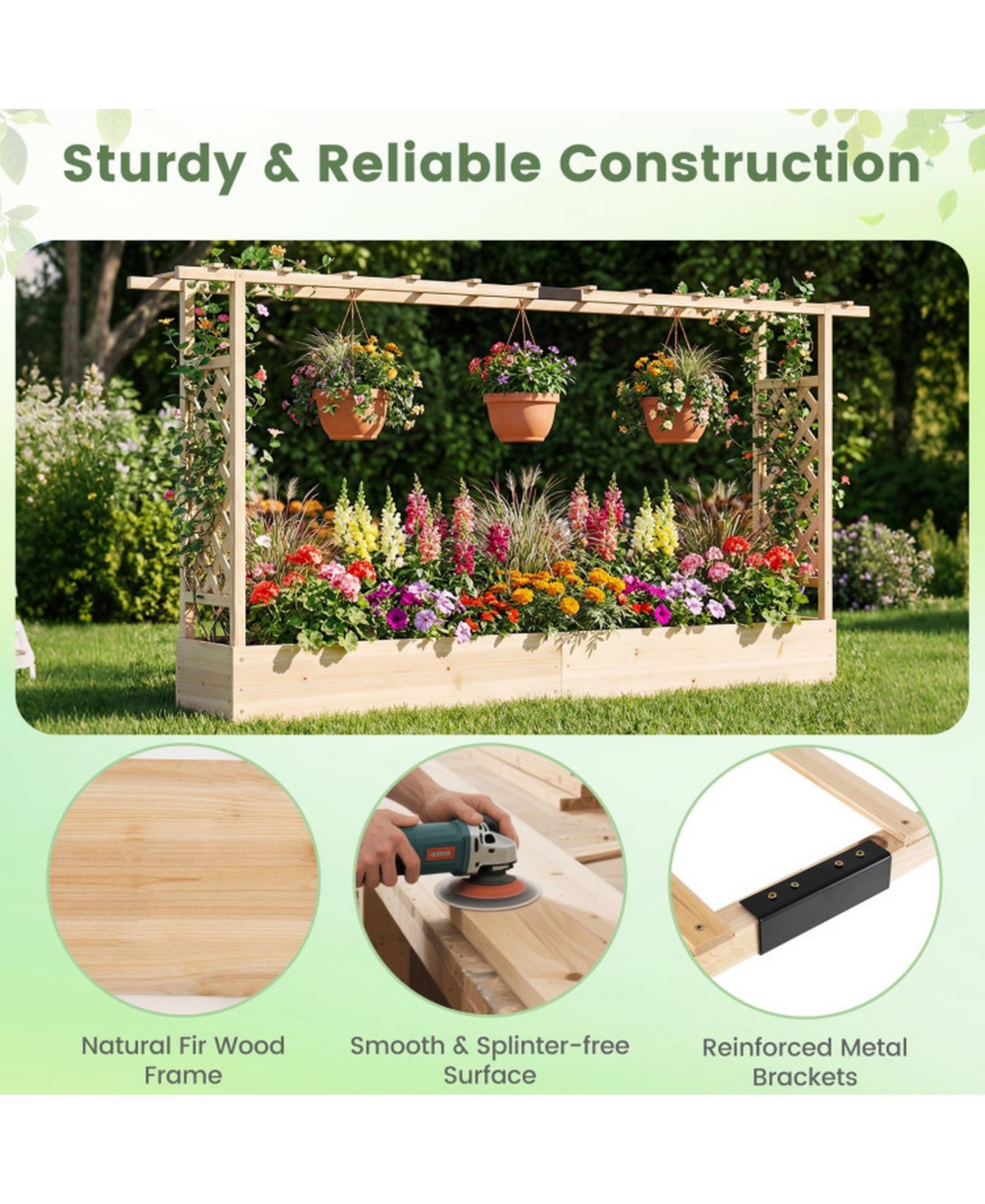 Gouun 87 in Tall Solid Wood Raised Garden Bed with Side Trellis and Roof