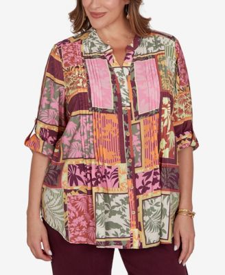 Plus Size Tropical Patchwork Voile Button-Front Top