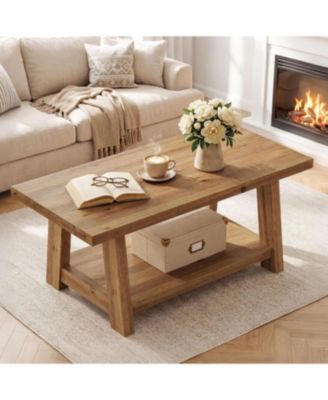 Rustic Solid Wood Coffee Table, 2-Tier Rectangle Accent Center Table with Lower Storage Shelf, Farmhouse Simple Cocktail Tea Tables
