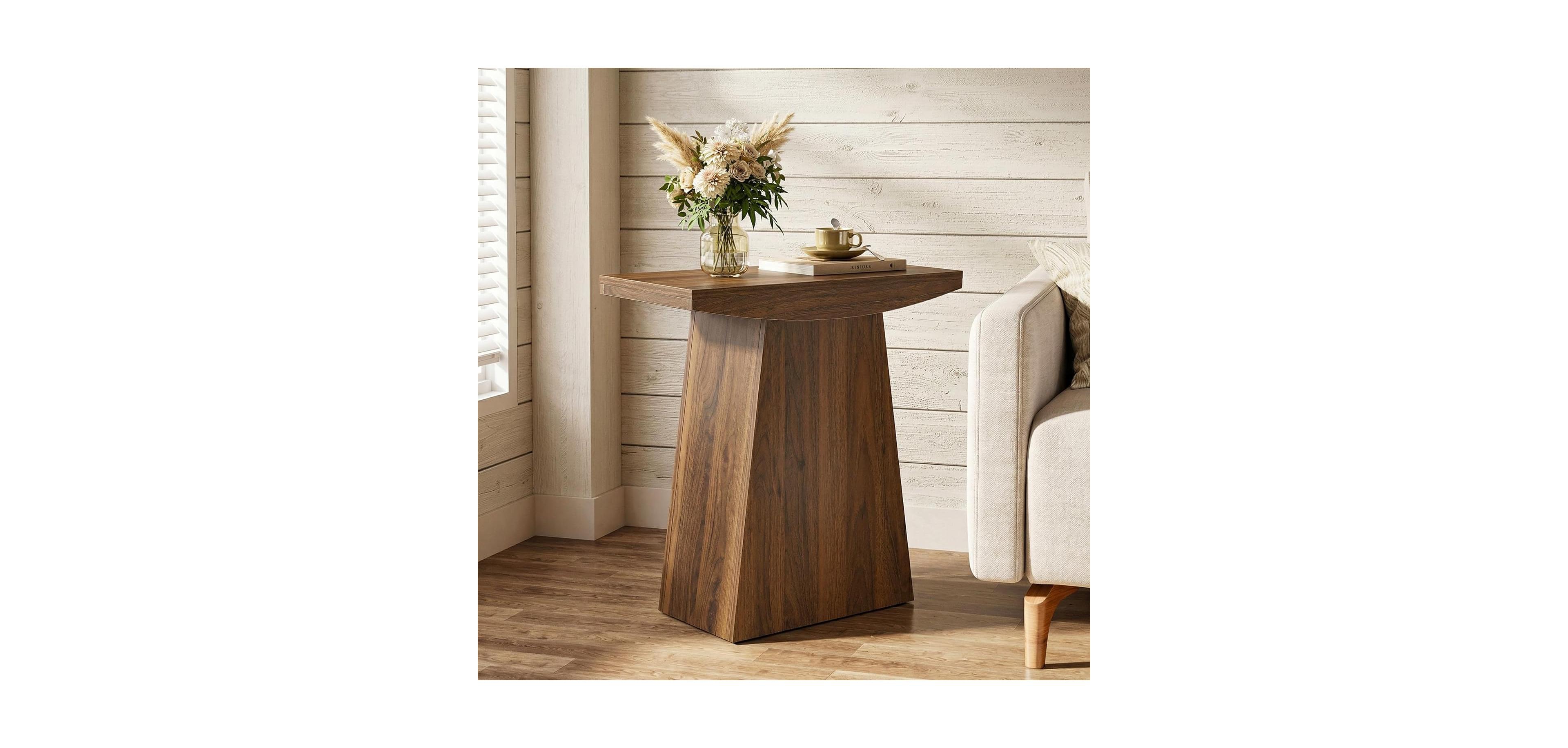Tribesigns Pedestal End Table, Farmhouse Sofa Couch Side Table with Trapezoid Base, Wooden Accent Drink Stand Nightstand