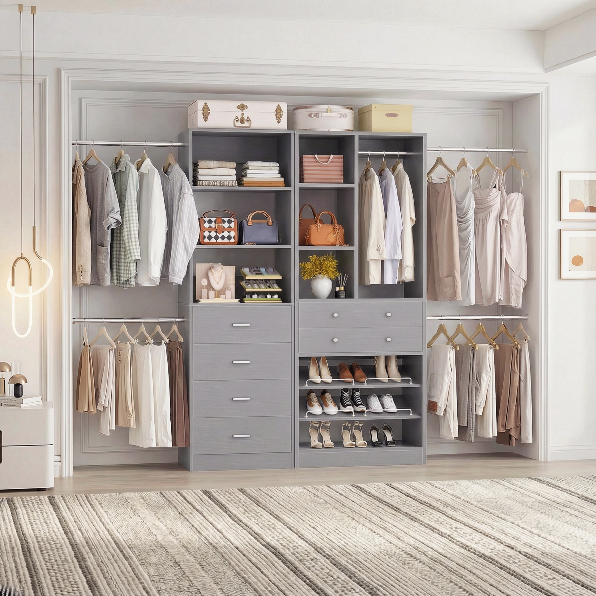 Aheaplus Wooden Closet System Set with 6 Drawers and 5 Hanging Rods and 6 Shelves - Gray