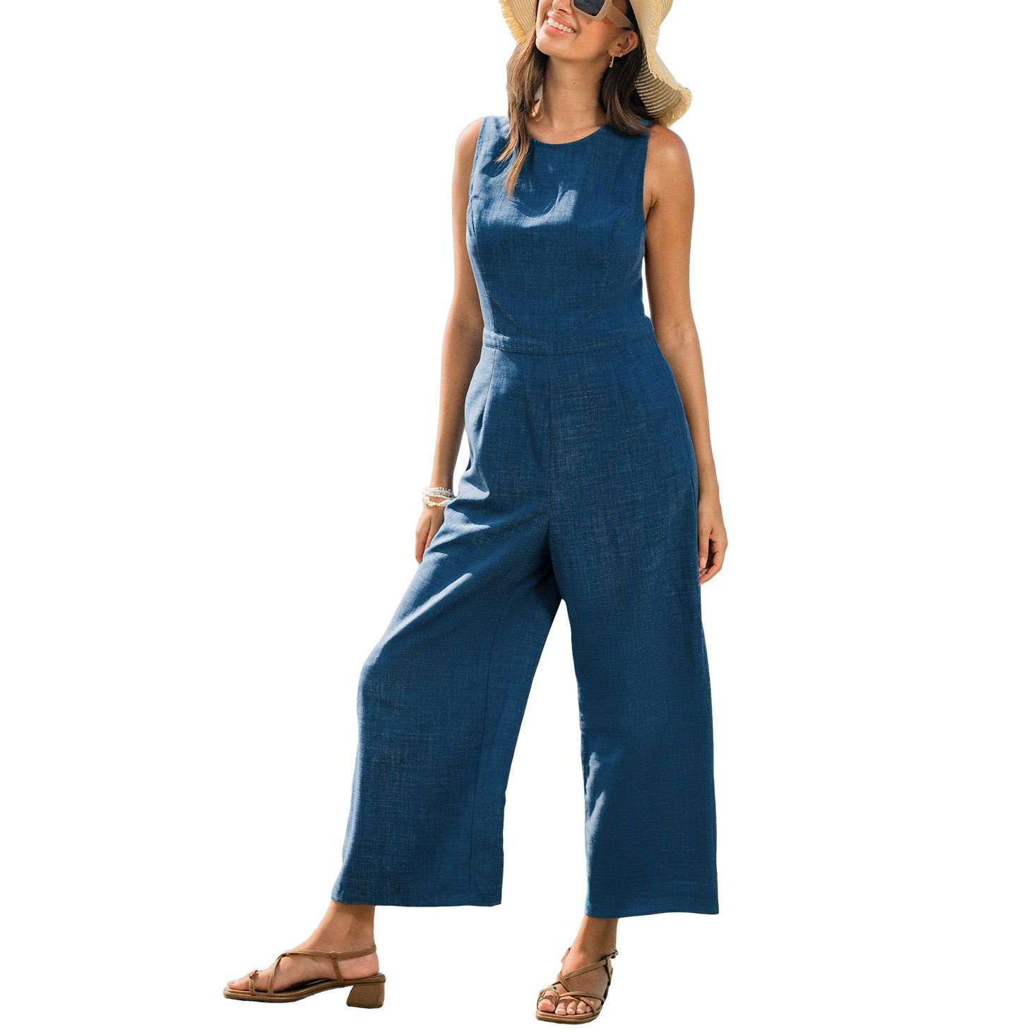 Женский комбинезон Cupshe Crew Neck Zip-Front Unlined Jumpsuit, цвет: Средний синий — фото 2
