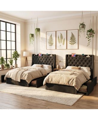 2 piece Upholstered Platform Bed Frame with Wingback Headboard, 4 Storage Drawers, Built-in USB, Sturdy Wood Slats, Space-Saving, Easy Assembly