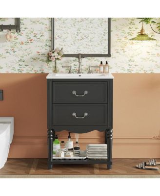 24" Vintage Wave Bathroom Vanity With Ceramic Sink, 2 Soft-Close Drawers Open Shelf, 8" Faucet Fit