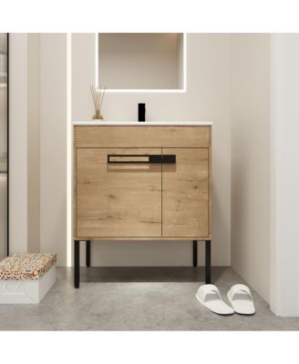 Modern Bathroom Vanity with Ceramic Sink, Wall Mounted or Freestanding, Soft Close Doors, Ample Storage Cabinet