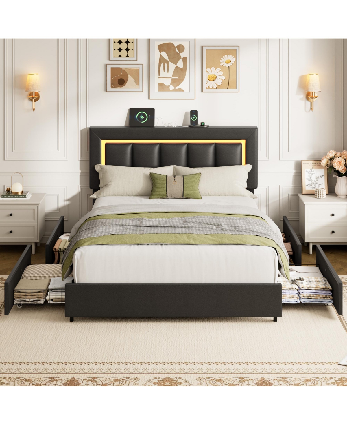 Homfan Led Bed Frame with 4 Drawers, Pu Leather Platform Charging Station for Bedroom