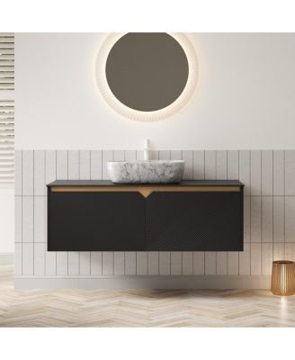 Wall Mounted Bathroom Vanity with Sintered Stone Top, Volakas Marble Pattern Sink, Soft Close Doors, Modern Floating Cabinet