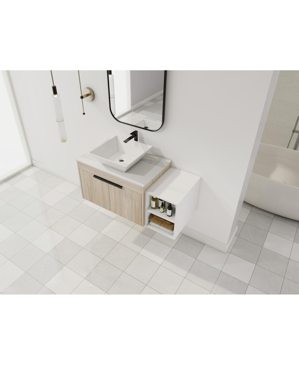 Sillysis Wall Mounted Bathroom Vanity with Ceramic Vessel Sink, Side Storage Shelf, Soft Close Doors