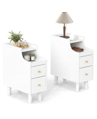 2PCS Narrow Nightstand Solid Wood End Table w/Pull-out Tray and 2 Storage Drawers