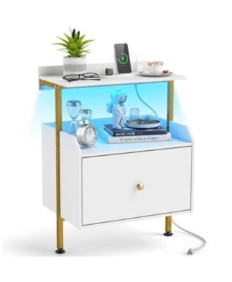 Nightstand Wall-mounted Bedside Table w/ LED Lights and Charging Station