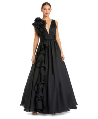 Petite Ruffle Shoulder V-Neck A-Line Evening Gown
