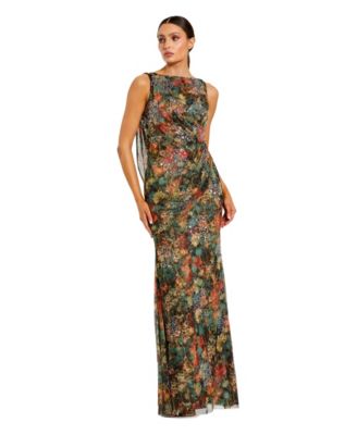 Women's High Neck Printed Mesh Cowl Back Column Gown