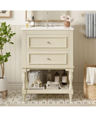 24" French White Simple Solid Wood MDF Bathroom Vanity With Ceramic Sink, 2 Drawers Adjustable Shelf, 4" Faucet Fit